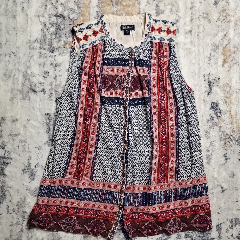 Lucky Brand Sleeveless boho button down tank Navy Blue and Red Size XS - Picture 2 of 15